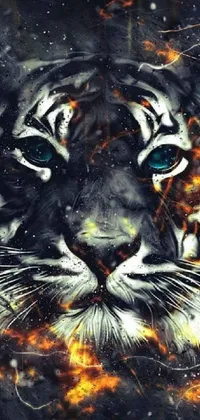 This live phone wallpaper showcases a powerful tiger with fiery eyes amidst a psychedelic, flickr-inspired background