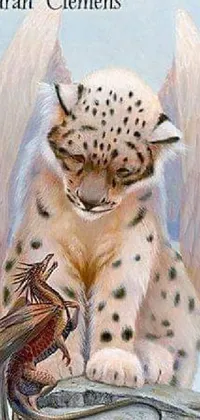 This smartphone wallpaper features a stunning snow leopard and a majestic dragon, intricately airbrushed in a fantasy art style