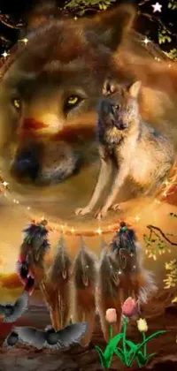 This mobile live wallpaper features a stunning Indian-style painting of a wolf surrounded by animals