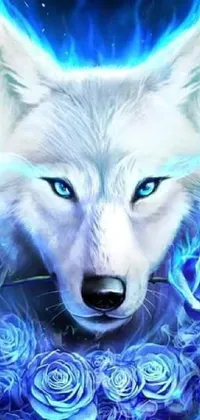 This live phone wallpaper features a powerful white wolf surrounded by stunning blue flames and elegant roses