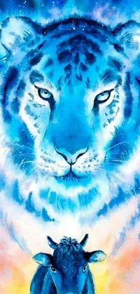 This mesmerizing phone live wallpaper showcases an airbrush painting of an otherworldly tiger and a cow, featuring beautiful blue fire powers and a metaphysical vibe