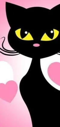 This live wallpaper boasts a vector art depiction of a black cat against a pink background, complete with yellow eyes and cute cartoon-style features