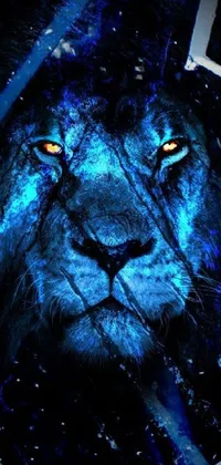 This live phone wallpaper showcases a digital rendering of a blue lion, close up and fierce, staring towards the viewer intensely with its blue piercing eyes