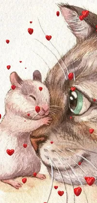 This stunning live wallpaper features a charming watercolor painting of a cat and mouse captured in a whimsical, storybook-inspired style