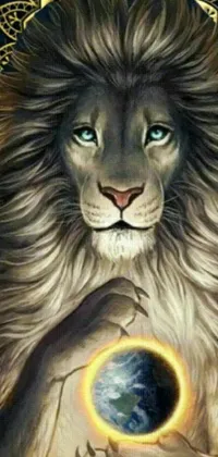 Enhance your phone's look with this stunning fantasy art live wallpaper depicting a lion holding a ball