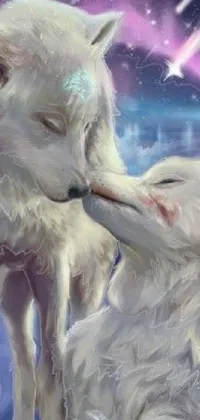 This mesmerizing live wallpaper captures two beautiful white wolves standing affectionately beside each other in a snowy setting