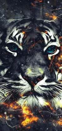 This phone live wallpaper features a realistic and striking close-up of a tiger's face set against a black background, perfect for lovers of digital art