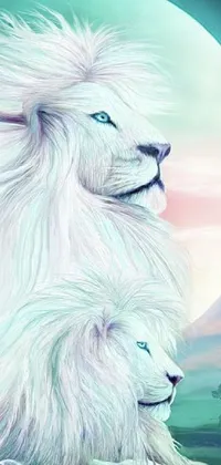 This phone live wallpaper features two regal white lions sitting side-by-side in a stunning airbrush painting by Howard Lyon