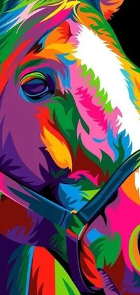 This lively and colorful phone live wallpaper features an exquisite image of a vibrant horse set against a bold black background