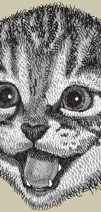 This black and white live phone wallpaper features a detailed, highly-stylized illustration of a happy kitten's face
