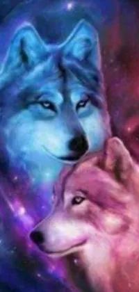 This stunning phone live wallpaper showcases two enchanting wolves set against a mesmerizing galaxy background
