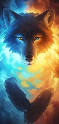 This wolf live wallpaper is a visually stunning digital art piece that features two wolves facing each other in a mystical forest setting