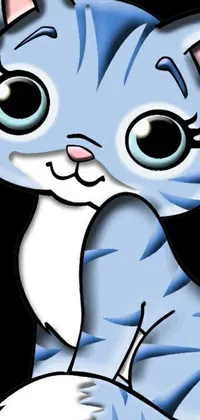 This phone live wallpaper features a charming blue and white cat with large eyes and a playful smile