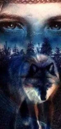 This stunning live phone wallpaper depicts a beautiful woman with a wolf on her shoulder, set against a forest background
