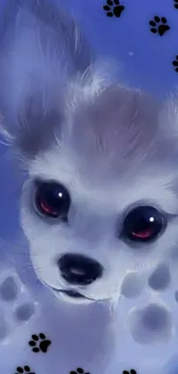 This charming live phone wallpaper features a close-up of a dog's face with glowing white laser eyes and a playful paw print background