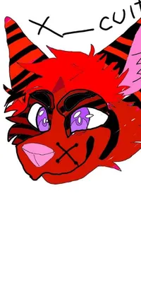 This phone live wallpaper features a vibrant drawing of a red cat with purple eyes wearing a red oni mask inspired by furry art