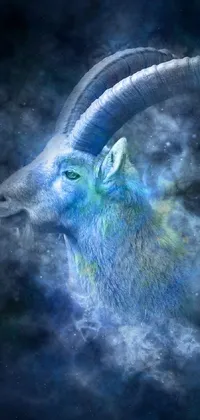 This live phone wallpaper depicts a majestic goat on a clear night sky filled with clouds