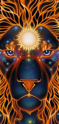 This stunning live wallpaper for your phone features an artful rendering of a lion with flames on its face