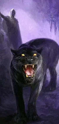 This stunning phone live wallpaper depicts a fierce black panther located inside a shadowy cave