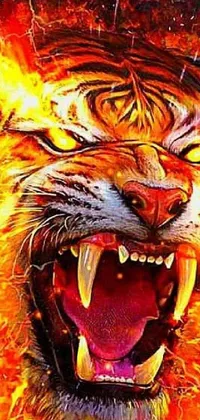 This live wallpaper for your phone features a stunning tiger close-up with fire spewing out of its mouth