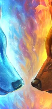 This vibrant phone live wallpaper showcases two wolves, one blue and the other orange, facing each other against a background of magical blue fire flames
