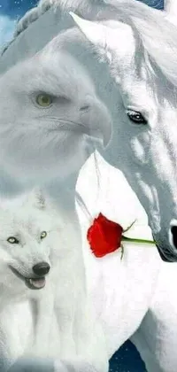 This lovely live wallpaper depicts a stunning white horse and cute white dog, with a palette of white and red roses adding to the romantic atmosphere