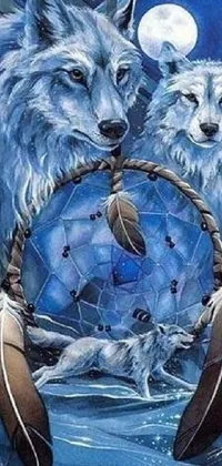 This phone live wallpaper features two striking blue wolves with white spots and a dream catcher in the center