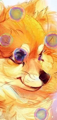 This live phone wallpaper features a vibrant digital painting of a furry pomeranian with bright orange fur and shiny golden highlights