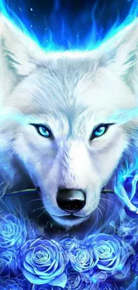 This stunning live wallpaper features a close-up view of a majestic white wolf with mesmerizing blue eyes