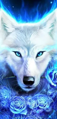 This phone live wallpaper features a stunning airbrush painting of a white wolf with blue eyes surrounded by blue roses