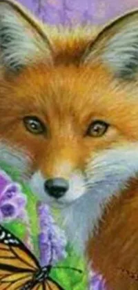 Enhance your phone's screen with this stunning live wallpaper featuring a fox and butterfly painting in fantastic realism style