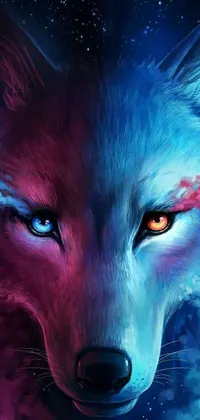 Get a stunning wolf live wallpaper for your phone! This digital painting depicts a striking symmetrical wolf with detailed fur and captivating eyes, set against a mesmerizing galaxy background