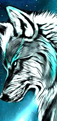 This live wallpaper features a detailed digital painting of a wolf's face in a modern style inspired by Wolf Huber