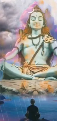 This mesmerizing phone live wallpaper is an airbrush painting of a man sitting on a rock next to a tranquil body of water, with a 3D statue in the foreground
