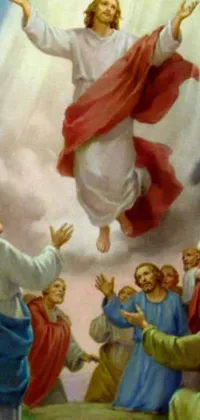 This phone wallpaper features a stunning painting of Jesus flying over a group of people seen from a 3/4 view from below