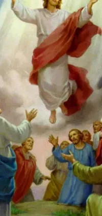 This live wallpaper depicts a stunning painting of Jesus in flight, hovering above a crowd of people caught in wonder and awe