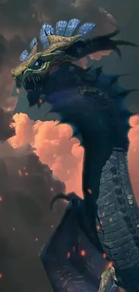 This phone live wallpaper features a highly detailed dragon flying through the clouds, with a great leviathan in the background