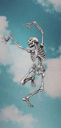 This live wallpaper depicts a dark and striking image of a skeletal figure flying triumphantly through the clouds in the style of an album cover