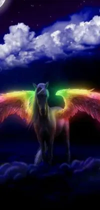 This live wallpaper depicts an otherworldly horse with neon wings standing in the sky