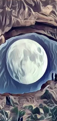 This live wallpaper features a digital painting of a full moon, with enhancing eye detail, as seen through a hole in a rock in a large desert cave