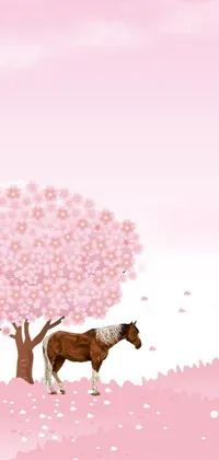 This phone live wallpaper showcases a stunning digital painting of a graceful horse standing beneath a tree in a field of pink flowers