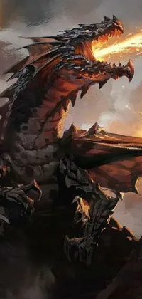 This mesmerizing live phone wallpaper portrays a mythical dragon shooting flames out of its mouth