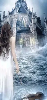 This fantasy-inspired phone live wallpaper depicts a woman in a flowing white dress standing before a majestic castle