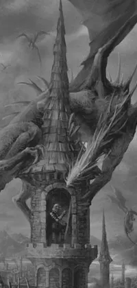 This black and white live wallpaper depicts a fierce dragon in the foreground, set against a gothic castle in the background
