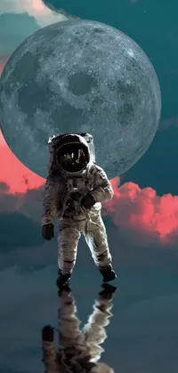 Experience a breathtaking live wallpaper on your phone with an astronaut floating in the water against a backdrop of the moon
