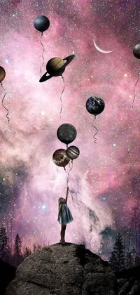 This stunning live phone wallpaper depicts a surreal scene of a woman standing atop a rock amongst a deep space exploration setting