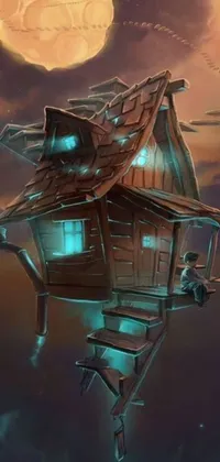 Enjoy a stunning live wallpaper of a fantasy world with a house floating in the sky illuminated by a gorgeous full moon