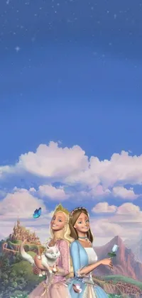 This mobile live wallpaper features two girls on a lush green field, reminiscent of storybook illustrations and flavoured with a hint of Disney inspiration