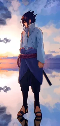 This phone live wallpaper features an anime-inspired drawing of a swordsman standing in water, surrounded by beautiful puffy clouds during a stunning morning sunrise