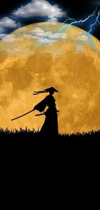 Looking for a unique and captivating live wallpaper for your phone? Check out this stunning image features a figure wielding a sword against the backdrop of a full moon